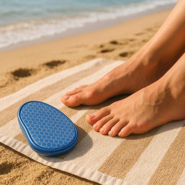 'Nano' Glas Fodskrubber - Rød, Gylden, Blå - Plastik, metal, Gummi - Bærbar og Afslappende: A different realistic outdoor beach setting where the Nano Glass Foot Scrubber in blue is securely positioned on a sandy beach towel, being naturally placed next to bare feet after a refreshing swim, with proper physics, shadows, and realistic integration into the sunny environment.