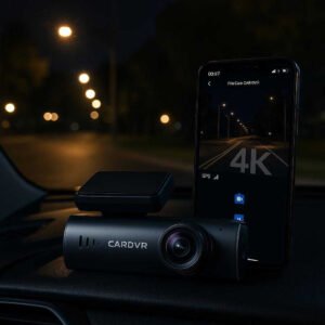 Natoptagelse Dashcam med Professionel Kvalitet og Avanceret Sikkerhed i Mørke Forhold: A different realistic car interior setting at night, where the product is securely positioned on the dashboard, demonstrating its night vision capabilities.