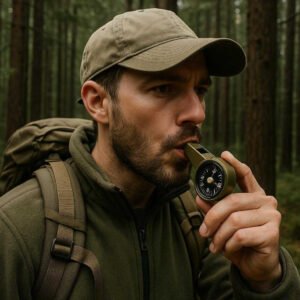 Nødfløjte med Kompas – Avanceret Overlevelsesværktøj i Olivengrøn Plast til Sikker Navigation. In a dense forest, an adventurer in hiking gear blows the olive green whistle with compass, the needle pointing north while navigating through tall trees.