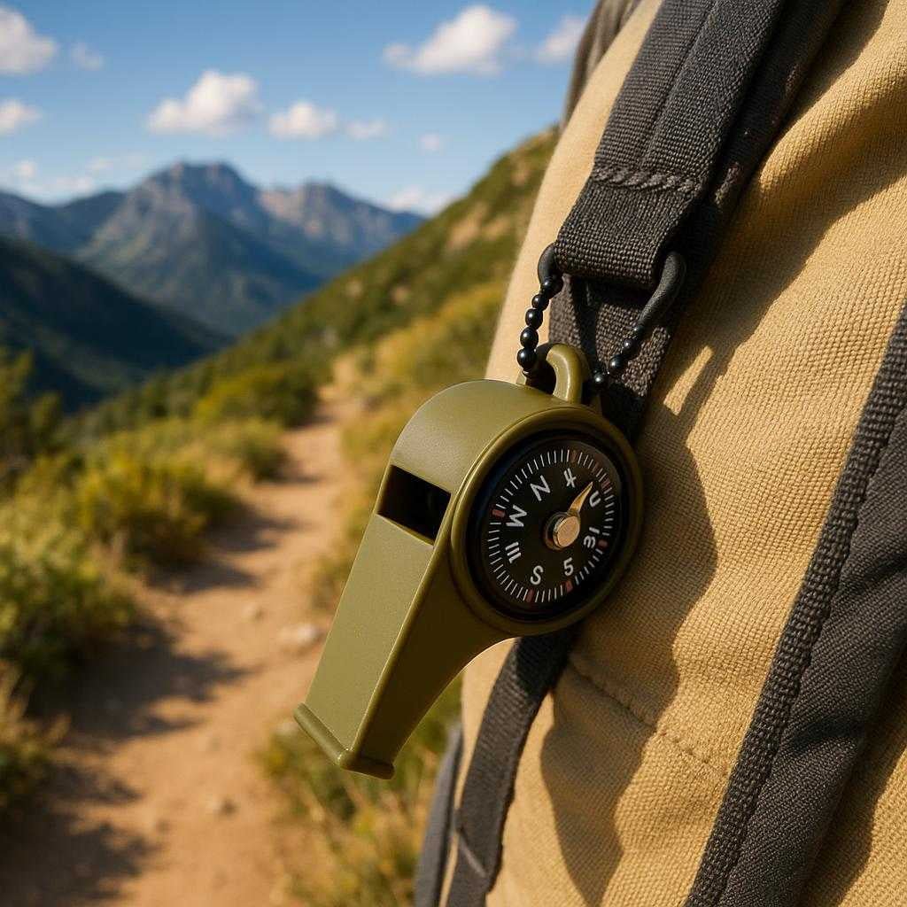 ndfljte-med-kompas-avanceret-overlevelsesvrktj-i-olivengrn-plast-til-sikker-navigation-on-a-sunny-mountain-trail_15251733119363_scene2 Nødfløjte med Kompas – Avanceret Overlevelsesværktøj i Olivengrøn Plast til Sikker Navigation. On a sunny mountain trail, the olive green whistle with compass hangs from a backpack strap, capturing the spirit of exploration with a panoramic vista in the background.