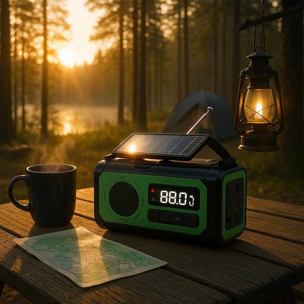 ndradio-med-hndsving-solceller-og-powerbank-tilg_15230559945091_scene1 Nødradio med håndsving, solceller og powerbank - Tilgængelig i Sort, Orange og Mørkegrøn: A serene camping scene at dawn, where the Nødradio med håndsving, displayed in Mørkegrøn, is placed on a wooden picnic table.