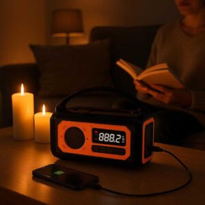 Nødradio med håndsving, solceller og powerbank - Tilgængelig i Sort, Orange og Mørkegrøn: Inside a cozy, modern living room during a power outage, where the Nødradio med håndsving in vibrant Orange sits prominently on a coffee table.