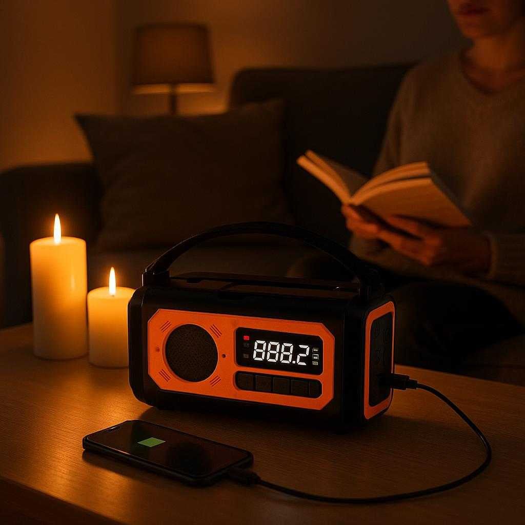 ndradio-med-hndsving-solceller-og-powerbank-tilg_15230559945091_scene2 Nødradio med håndsving, solceller og powerbank - Tilgængelig i Sort, Orange og Mørkegrøn: Inside a cozy, modern living room during a power outage, where the Nødradio med håndsving in vibrant Orange sits prominently on a coffee table.