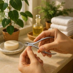 Neglebåndsklipper i Rustfrit Stål – Præcis Klipning, Lang Holdbarhed og Moderne Design. In a sunlit bathroom, a person is meticulously using the stainless steel cuticle nipper, surrounded by lush green plants and luxurious spa essentials, evoking a serene self-care ritual.