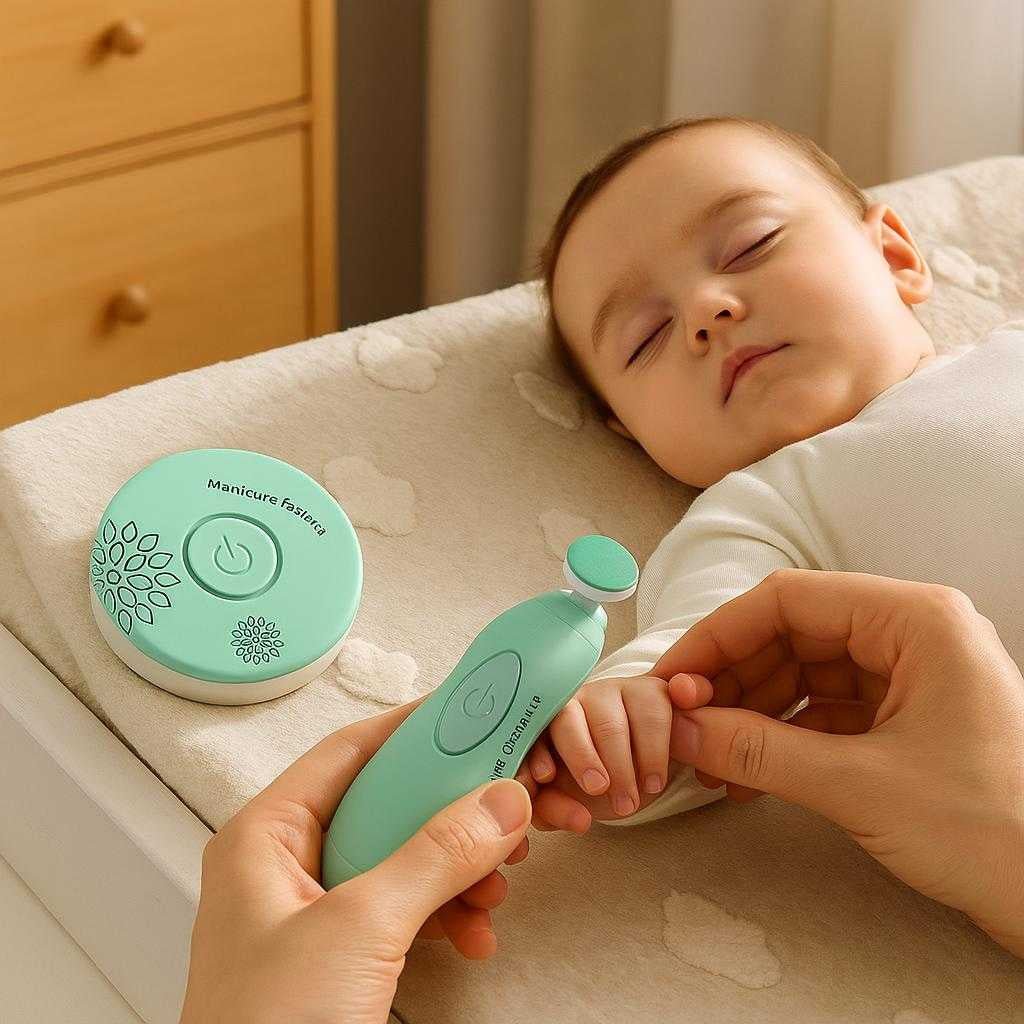 negleklipper-til-baby-med-led-lys-ergonomisk-og_15061927985539_scene1 Negleklipper til Baby med LED Lys - Ergonomisk og Sikker Elektrisk Design i Mintgrøn: A realistic nursery setting where the product is properly grounded on a soft changing table, being actively used by a parent's hands gently trimming a calm baby's nails, with natural lighting casting realistic shadows and showing clear contact points where the product touches the surface.