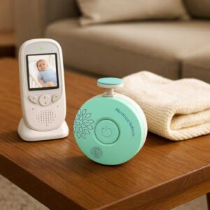 Negleklipper til Baby med LED Lys - Ergonomisk og Sikker Elektrisk Design i Mintgrøn: A different realistic living room setting where the product is securely positioned on a coffee table, placed naturally next to a baby monitor and a soft baby blanket, in a believable way, with proper physics, shadows, and realistic integration into the environment.
