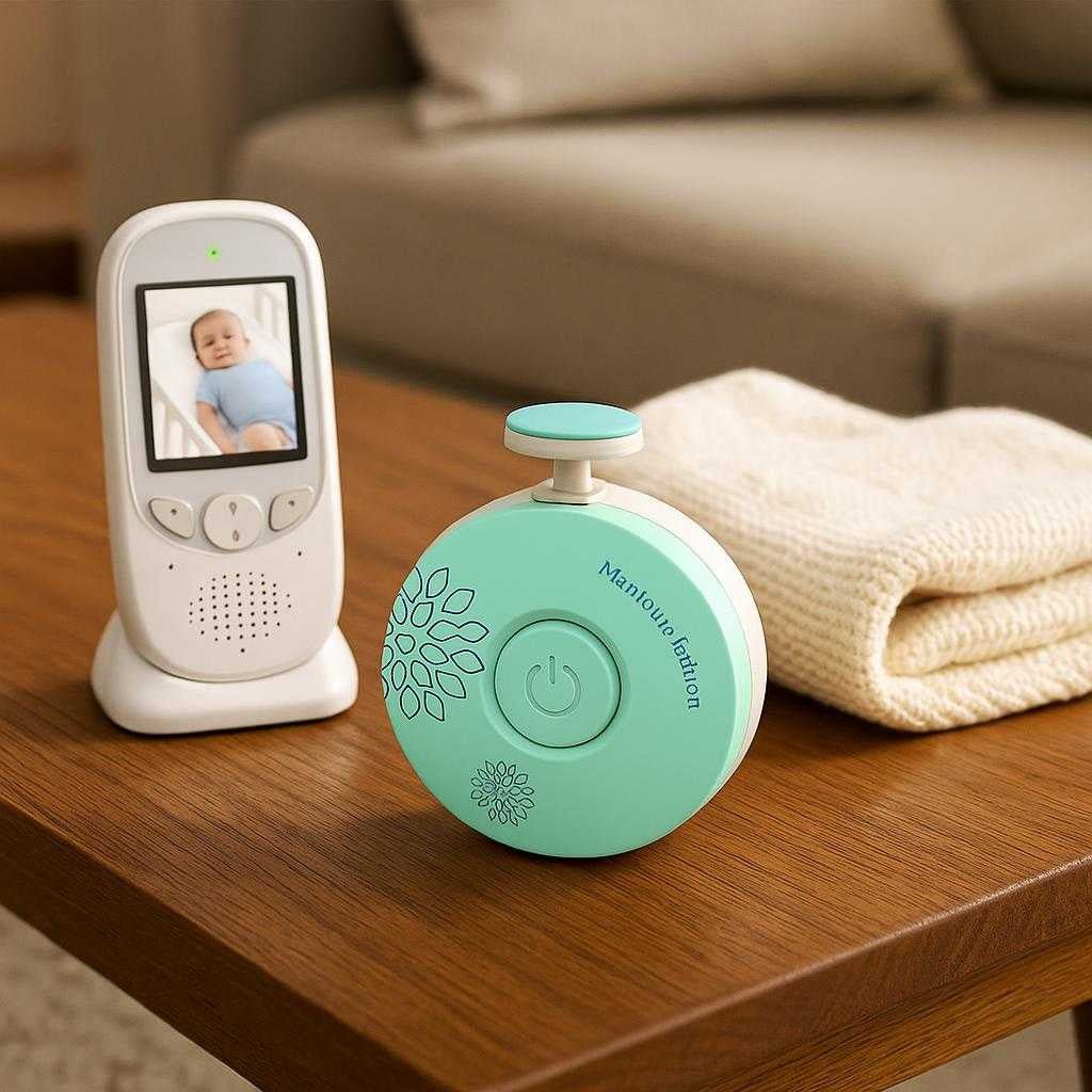 negleklipper-til-baby-med-led-lys-ergonomisk-og_15061927985539_scene2 Negleklipper til Baby med LED Lys - Ergonomisk og Sikker Elektrisk Design i Mintgrøn: A different realistic living room setting where the product is securely positioned on a coffee table, placed naturally next to a baby monitor and a soft baby blanket, in a believable way, with proper physics, shadows, and realistic integration into the environment.