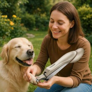 Negleklipper til Hund og Tykke Negle - Silver og Beige Farver, Ergonomisk Design, Holdbart Materiale. The nail clipper is shown in a serene outdoor garden setting, where a content dog is having its nails trimmed by a smiling owner, highlighting the tool’s ergonomic design and ease of use.