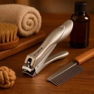 Negleklipper til Hund og Tykke Negle - Silver og Beige Farver, Ergonomisk Design, Holdbart Materiale. The nail clipper sits on a polished wooden grooming table, surrounded by various pet care items, conveying a sense of professionalism and reliability in a cozy home environment.