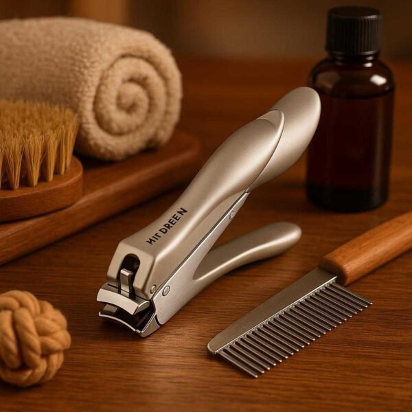 Negleklipper til Hund og Tykke Negle - Silver og Beige Farver, Ergonomisk Design, Holdbart Materiale. The nail clipper sits on a polished wooden grooming table, surrounded by various pet care items, conveying a sense of professionalism and reliability in a cozy home environment.