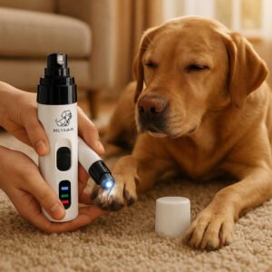 Negleklipper til hunde - Elektrisk, lydsvag og med LED-lys for præcis klipning: A cozy living room setting where the electric dog nail clipper is properly grounded on a soft, plush rug, actively being used by a gentle pair of hands trimming a calm dog's nails.