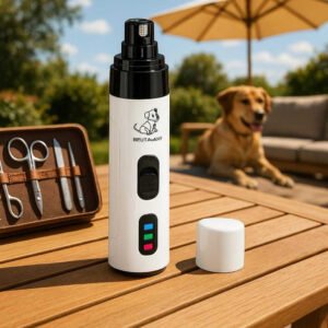 Negleklipper til hunde - Elektrisk, lydsvag og med LED-lys for præcis klipning: A sunny outdoor patio setting with the electric dog nail clipper securely positioned on a wooden table, naturally placed next to a grooming kit.