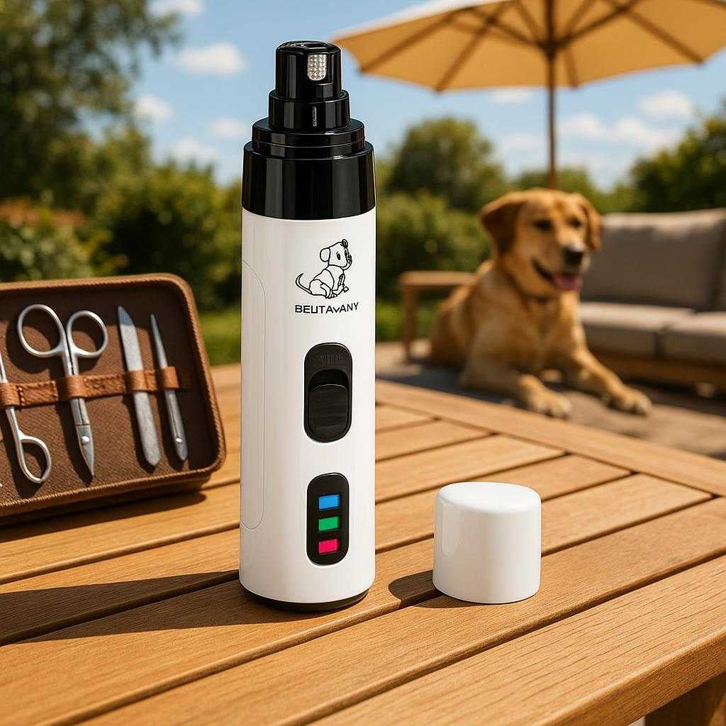 negleklipper-til-hunde-elektrisk-lydsvag-og-med_15061933621635_scene2 Negleklipper til hunde - Elektrisk, lydsvag og med LED-lys for præcis klipning: A sunny outdoor patio setting with the electric dog nail clipper securely positioned on a wooden table, naturally placed next to a grooming kit.