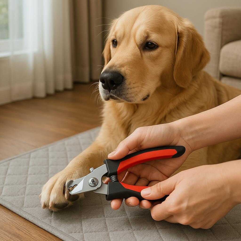 negleklipper-til-hunde-professionel-sknsom-og-prci_15061926969731_scene1 Negleklipper til Hunde: Professionel, Skånsom og Præcis Pleje til Alle Racer i Small og Large: A realistic living room setting where the nail clipper is properly grounded on a soft pet grooming mat, being actively used by a person clipping a large dog's nails, with the dog calmly sitting on the floor.