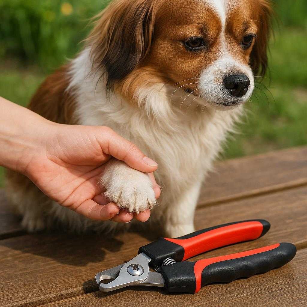negleklipper-til-hunde-professionel-sknsom-og-prci_15061926969731_scene2 Negleklipper til Hunde: Professionel, Skånsom og Præcis Pleje til Alle Racer i Small og Large: A different realistic outdoor garden setting where the nail clipper is securely positioned on a wooden picnic table, being naturally placed next to a small dog being groomed.