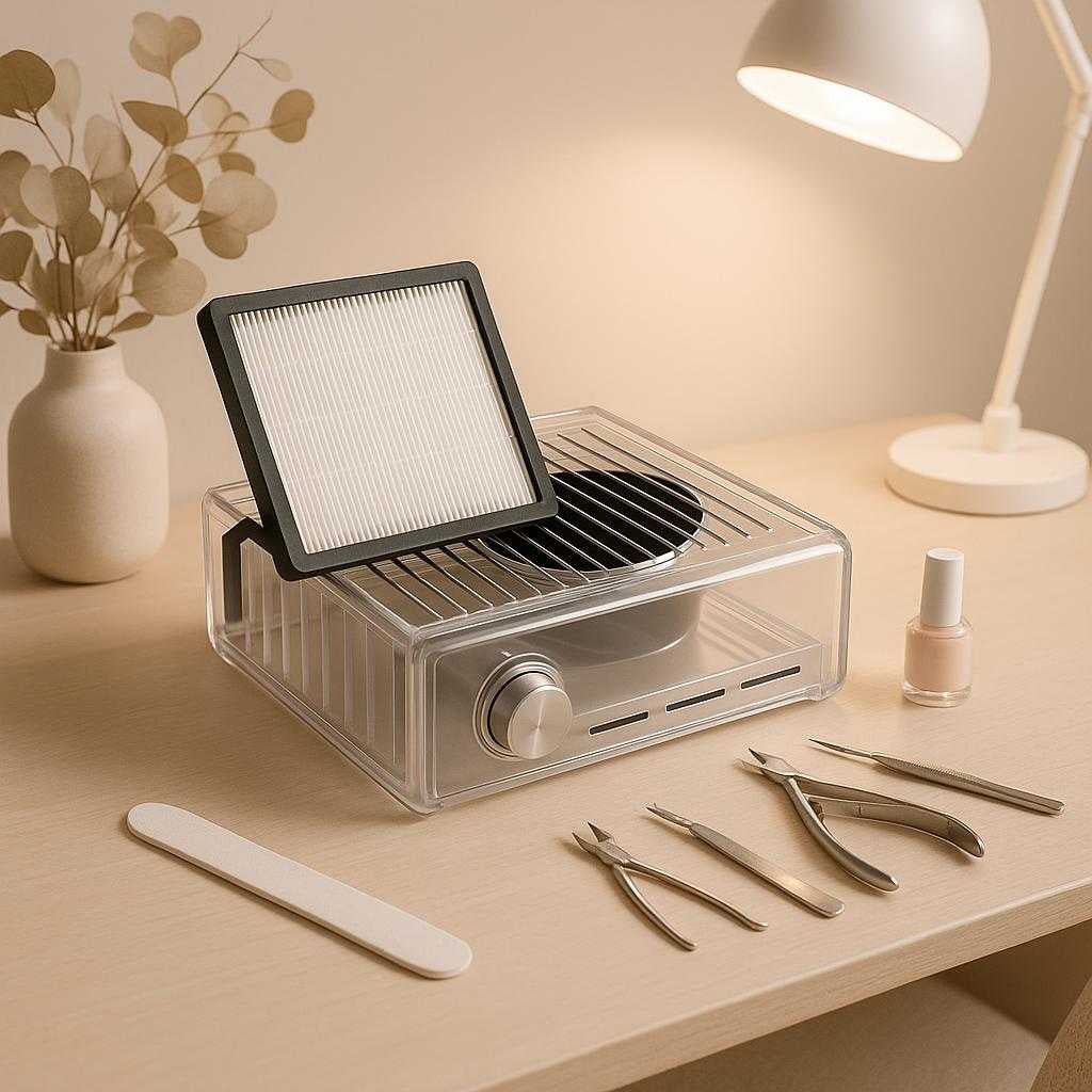 neglestvsuger-med-justerbar-styrke-og-effektivt-hepa-filter-hvid-kompakt-bordmodel-the-sleek-nail-dust-collector_15237183046019_scene2 Neglestøvsuger med justerbar styrke og effektivt HEPA-filter - Hvid, Kompakt Bordmodel. The sleek nail dust collector sits elegantly on a minimalist, modern desk in a home beauty setup, surrounded by manicure tools and soft ambient lighting.