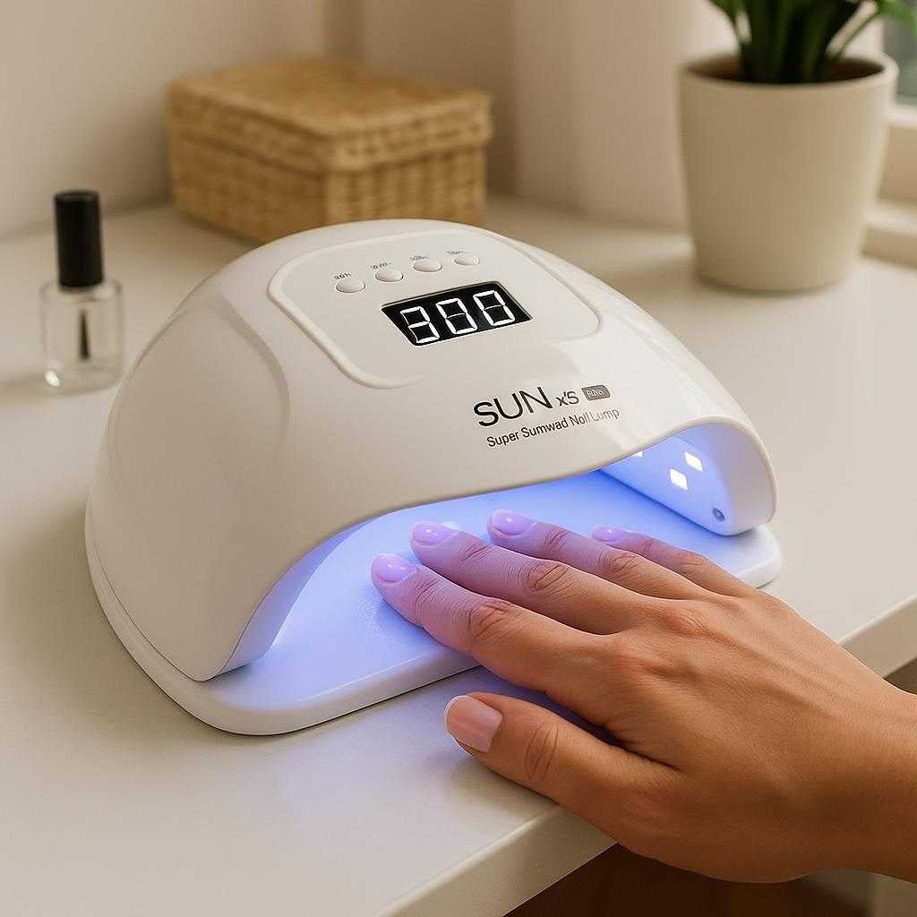 negletrrer-professionel-og-effektiv-uvled-trring_15061922021763_scene1 Negletørrer - Professionel og Effektiv UV/LED Tørring i Høj Kvalitet til Perfekte Resultater: A realistic home salon setting where the nail dryer is properly grounded on a sleek white countertop, actively used by a person's hands inserting neatly manicured fingers under the UV/LED lamp for drying, with natural lighting casting realistic shadows and showing clear contact points where the product touches the surface and fingers.