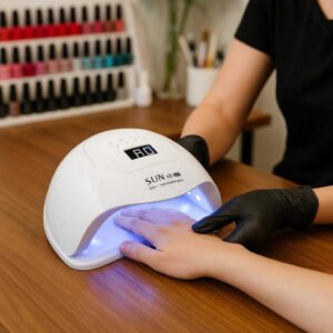 Negletørrer - Professionel og Effektiv UV/LED Tørring i Høj Kvalitet til Perfekte Resultater: A different realistic professional nail studio setting where the nail dryer is securely positioned on a polished wooden table, being used by a professional nail technician as they guide a client's hand under the lamp, with proper physics, shadows, and realistic integration into the vibrant, well-lit studio environment filled with nail polish bottles and tools.