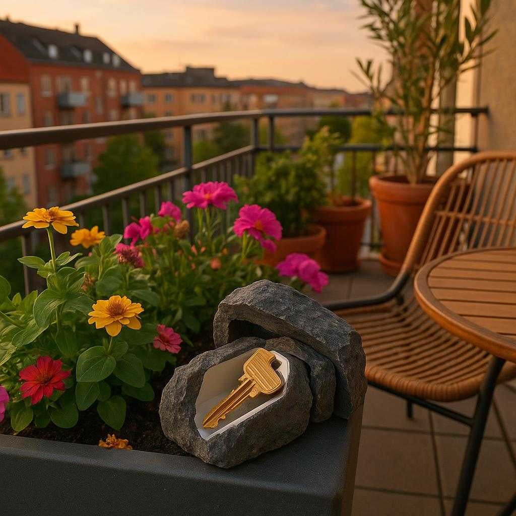 ngleskjuler-i-naturtro-sten-design-diskret-og-pr_15234050621827_scene2 Nøgleskjuler i Naturtro Sten Design - Diskret og Praktisk Opbevaring - Vejrbestandig og Robust: An urban balcony environment, where the nøgleskjuler is placed amidst potted plants and garden furniture.