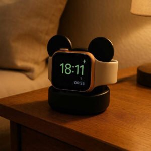 Oplader stativer i metal, plastik og silicone - multifunktionel og stilfuld: A realistic nightstand setting where the multifunctional metal, plastic, and silicone charger stand is properly grounded on a wooden bedside table, with a smartwatch securely resting in the stand, actively charging.