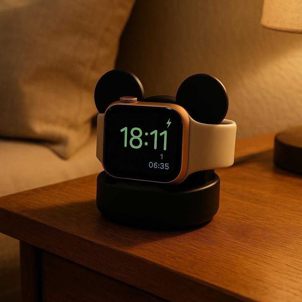 oplader-stativer-i-metal-plastik-og-silicone-mul_15378295619971_scene1 Oplader stativer i metal, plastik og silicone - multifunktionel og stilfuld: A realistic nightstand setting where the multifunctional metal, plastic, and silicone charger stand is properly grounded on a wooden bedside table, with a smartwatch securely resting in the stand, actively charging.