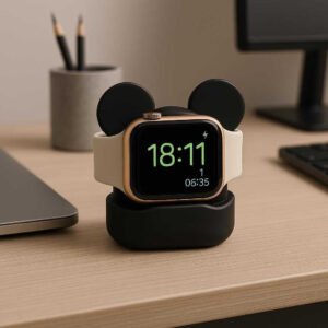 Oplader stativer i metal, plastik og silicone - multifunktionel og stilfuld: A different realistic office desk setting where the multifunctional charger stand is securely positioned on a sleek, modern desk, with a smartwatch visibly displayed and held by the stand, showcasing its stylish and practical design.