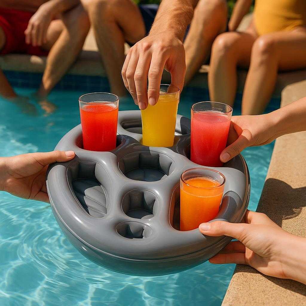 oppustelig-drikkeholder-med-flere-rum-perfekt-ti_15251636814211_scene1 Oppustelig Drikkeholder med Flere Rum - Perfekt til Pool og Fest i Grå Plast: A realistic poolside setting where the inflatable drink holder is properly grounded in a clear blue pool, being actively used by a few hands placing colorful drinks into the compartments.