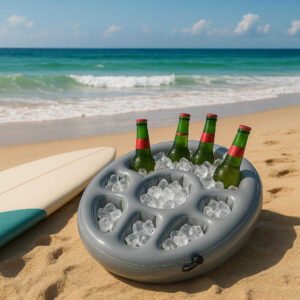 Oppustelig Drikkeholder med Flere Rum - Perfekt til Pool og Fest i Grå Plast. Set against a picturesque beach backdrop, the gray inflatable drink holder rests on sand next to a surfboard, filled with ice-cold beverages ready for a sunny beach day.