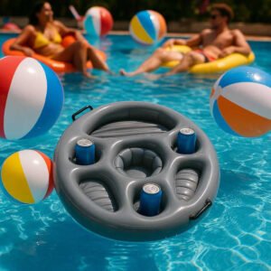 Oppustelig Drikkeholder med Flere Rum - Perfekt til Pool og Fest i Grå Plast. The inflatable gray drink holder with multiple compartments floats effortlessly in a vibrant pool, surrounded by colorful beach balls and sunbathers enjoying a lively pool party.