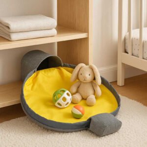 Oprydningsspand til Legetøj - Professionel Opbevaring med Høj Kvalitet til Børneværelset i Grå og Gul: A different realistic nursery setting where the toy storage bin is securely positioned on a low wooden shelf next to a crib, showcasing its compact and stylish design for easy storage.