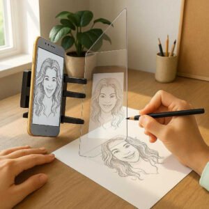 Optical Drawing Bakke - Sort, Plastik & Akrylplade, Forbedrer Tegnepræcision, Nem & Bærbar: A realistic home studio setting where the Optical Drawing Bakke is properly grounded on a wooden desk, being actively used by an adult artist.