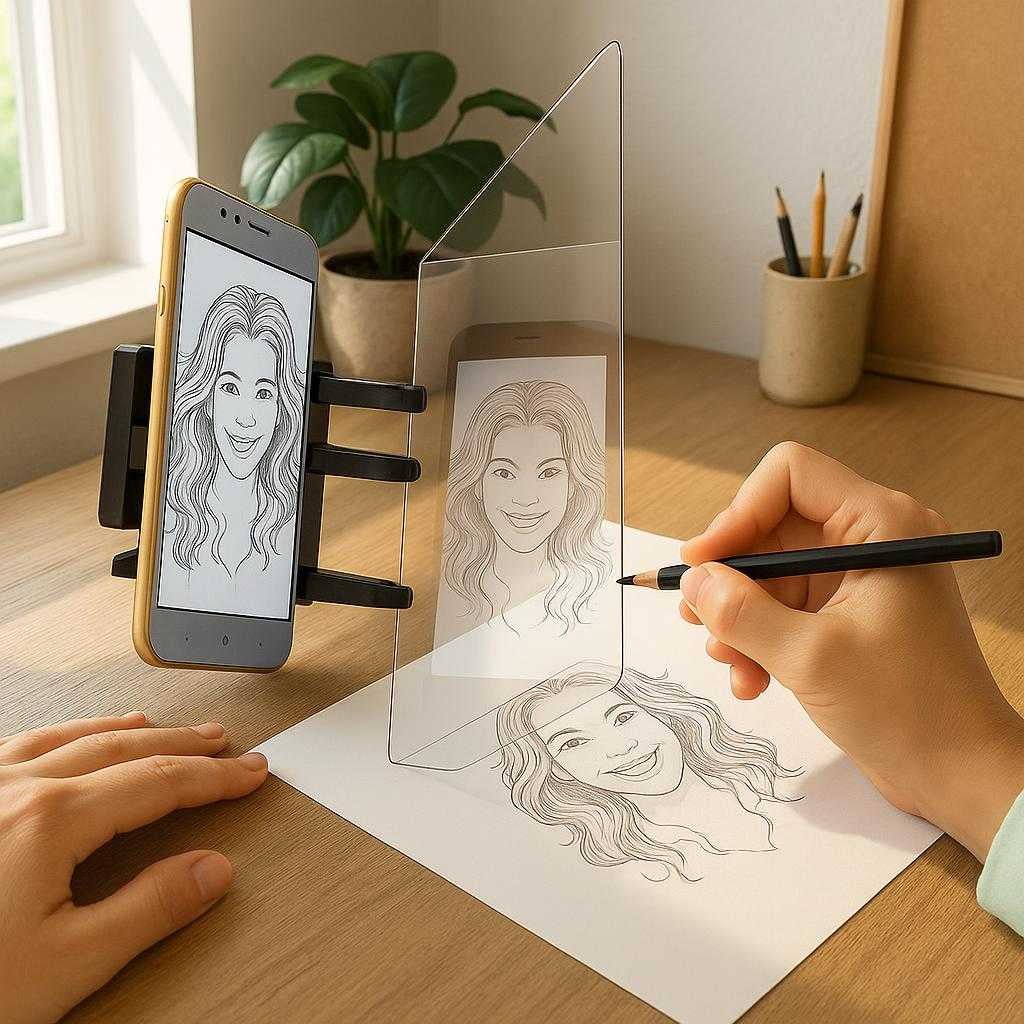 optical-drawing-bakke-sort-plastik-akrylplade-f_15378294079875_scene1 Optical Drawing Bakke - Sort, Plastik & Akrylplade, Forbedrer Tegnepræcision, Nem & Bærbar: A realistic home studio setting where the Optical Drawing Bakke is properly grounded on a wooden desk, being actively used by an adult artist.