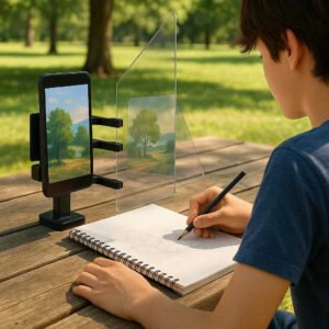 Optical Drawing Bakke - Sort, Plastik & Akrylplade, Forbedrer Tegnepræcision, Nem & Bærbar: A different realistic outdoor park setting where the Optical Drawing Bakke is securely positioned on a picnic table, being used by a teenager in a casual drawing session.