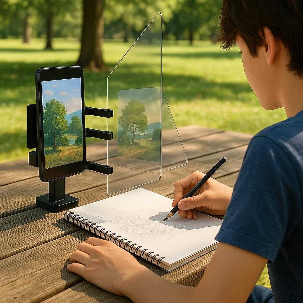 optical-drawing-bakke-sort-plastik-akrylplade-f_15378294079875_scene2 Optical Drawing Bakke - Sort, Plastik & Akrylplade, Forbedrer Tegnepræcision, Nem & Bærbar: A different realistic outdoor park setting where the Optical Drawing Bakke is securely positioned on a picnic table, being used by a teenager in a casual drawing session.