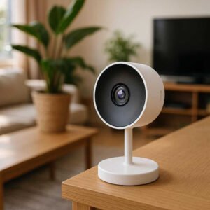 Overvågningskamera til Indendørs Brug - Moderne Design med Real-Time Videoovervågning: A realistic living room setting where the surveillance camera is properly grounded on a wooden shelf, being naturally placed and subtly angled to cover the room.