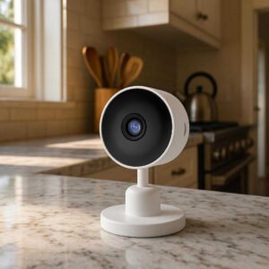 Overvågningskamera til Indendørs Brug - Moderne Design med Real-Time Videoovervågning: A different realistic kitchen setting where the surveillance camera is securely positioned on a marble countertop, actively monitoring the area.
