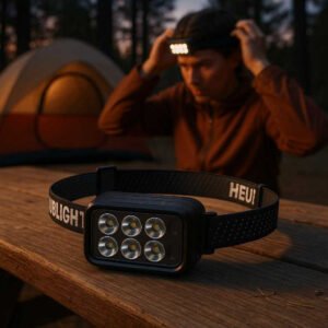 Pandelygte med 8 LED-lys - Justerbart kraftigt pandebånd - Genopladelig til udendørs brug: A realistic camping setting where the headlamp is properly grounded on a wooden picnic table next to a tent, being actively used by a person adjusting the band on their head, with natural evening lighting casting realistic shadows and showing clear contact points where the product touches the table.