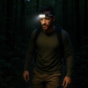 Pandelygte med 8 LED-lys - Justerbart kraftigt pandebånd - Genopladelig til udendørs brug. A hiker wearing the adjustable headlamp with 8 LED lights is walking through a dense forest trail at dusk, the headlamp brightly illuminating the path ahead with trees surrounding the scene.