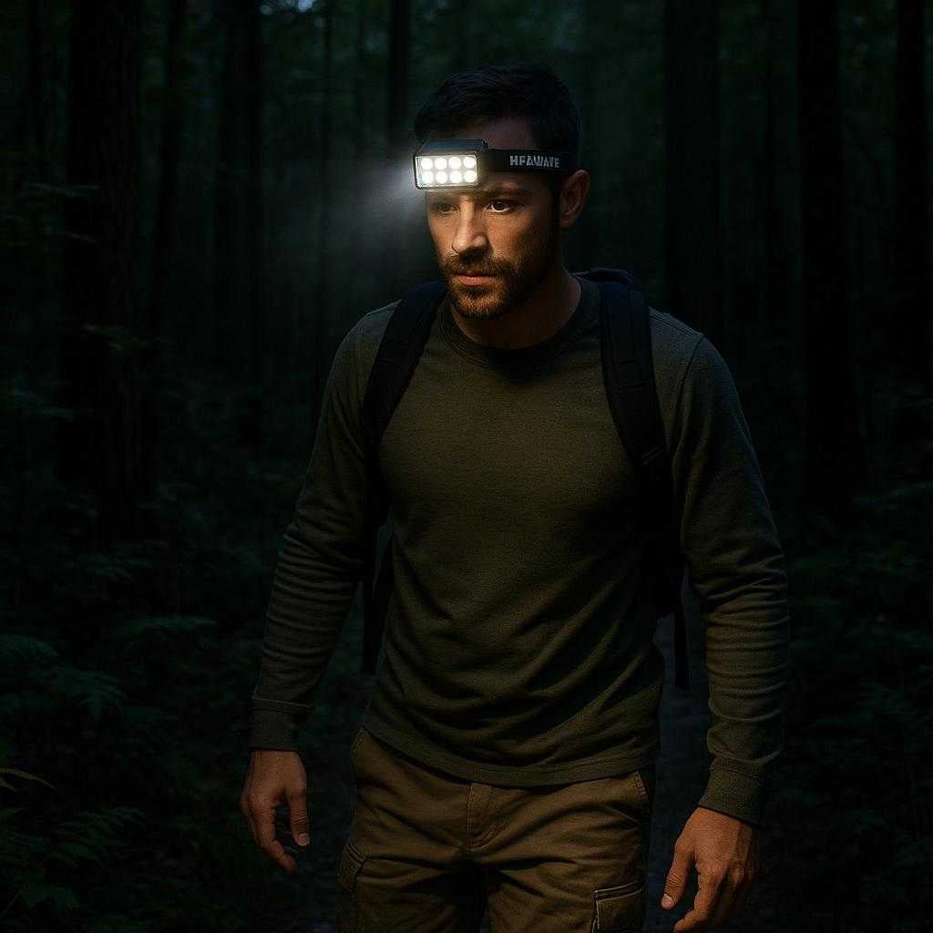 pandelygte-med-8-led-lys-justerbart-kraftigt-pandebnd-genopladelig-til-udendrs-brug-a-hiker-wearing-the-adjustable_15251744719235_scene1 Pandelygte med 8 LED-lys - Justerbart kraftigt pandebånd - Genopladelig til udendørs brug. A hiker wearing the adjustable headlamp with 8 LED lights is walking through a dense forest trail at dusk, the headlamp brightly illuminating the path ahead with trees surrounding the scene.