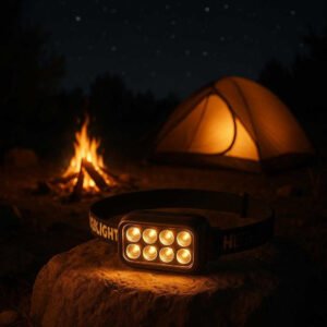 Pandelygte med 8 LED-lys - Justerbart kraftigt pandebånd - Genopladelig til udendørs brug. The rechargeable headlamp rests on a rock beside a tent, casting a warm light across a cozy campsite with a campfire flickering nearby under a starry night sky.