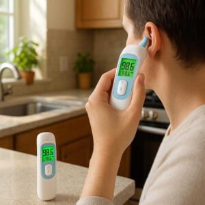 Pandetermometer – Høj Kvalitet Infrarød Febermåler til Hele Familien, Berøringsfri og Præcis: A different realistic kitchen setting where the product is securely positioned on a countertop, being used differently by an adult checking their own temperature in the afternoon, with natural sunlight illuminating the space, creating proper physics, shadows, and realistic integration into the environment.