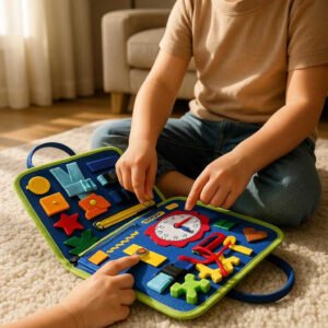 Pædagogisk aktivitetsbog til børn - Udvikler motorik og kognitive evner med farverig læringsbog i filt: A realistic living room setting where the product is properly grounded on a soft rug, being actively used by small hands.