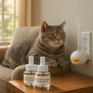 Pheromondiffuser til katte - Reducerer stress og angst med beroligende feromoner: A realistic cozy living room where the product is properly grounded on a wooden side table next to a plush armchair.