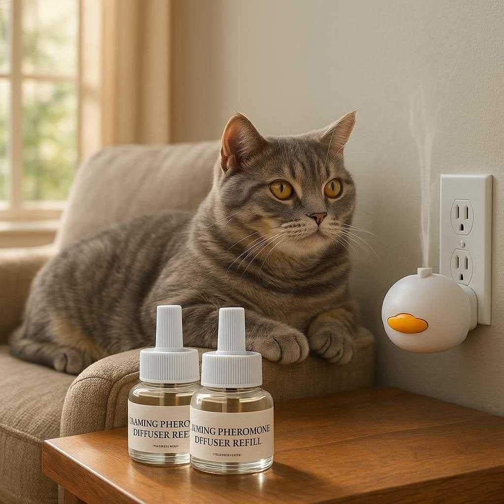 pheromondiffuser-til-katte-reducerer-stress-og-a_15206463144323_scene1 Pheromondiffuser til katte - Reducerer stress og angst med beroligende feromoner: A realistic cozy living room where the product is properly grounded on a wooden side table next to a plush armchair.