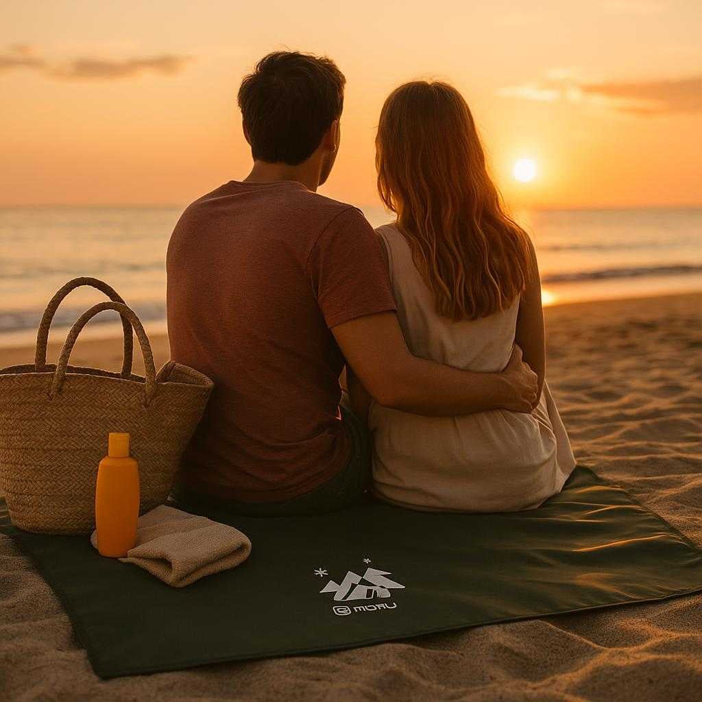 picnic-tppe-vandtt-letvgt-sammenklappeligt-ideel_15194909704579_scene2 Picnic Tæppe: Vandtæt, Letvægt, Sammenklappeligt - Ideel til Udendørs Aktiviteter i Grøn og Sort Farve: A different realistic beach setting where the picnic blanket is securely positioned on sandy terrain, being used naturally by a couple watching the sunset.