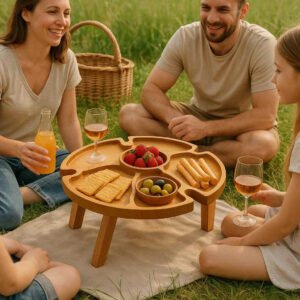 Picnicbakke i rustikt design - Bærbar og kompakt, ideel til udendørs brug. The rustic picnic basket table is set up on a grassy field, surrounded by a family enjoying a picnic with snacks and drinks placed neatly in its compartments.