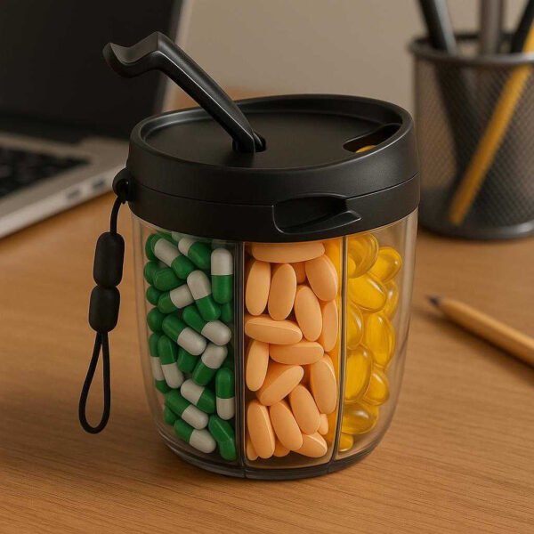 Pille Organizer i Plastik og Silicone - Sort, Rosa, Blå, Hvid - Let at Transportere: A different realistic office desk setting where the Pille Organizer i Plastik og Silicone is securely positioned on a wooden desk, being used naturally by having its lid slightly open, showing a variety of pills inside.