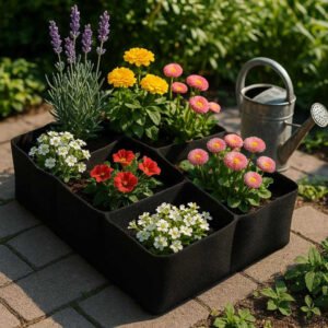 Plantekasse med 8 Rum i Sort Tekstil - Fleksibel, Høj Kvalitet og Praktisk til Have og Altan. A close-up of the flexible black planter box placed in an urban garden with blooming plants in each compartment, a watering can nearby and lush greenery in the background.
