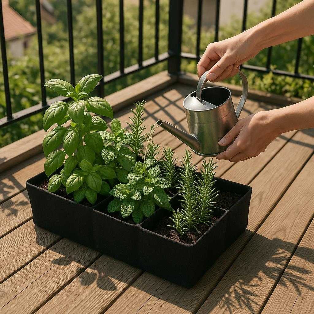plantekasse-med-8-rum-sort-tekstil-til-altan-og_15251857932675_scene1 Plantekasse med 8 Rum - Sort Tekstil til Altan og Have - Top Kvalitet: A realistic balcony garden setting where the planter box is properly grounded on a wooden deck, filled with fresh herbs like basil, mint, and rosemary.