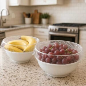 Plastikhætter – Transparente Engangshætter til Frugt & Grønt i Høj Kvalitet - Praktiske og Hygiejniske Løsninger. The transparent plastic covers are neatly placed over a bowl of fresh red grapes and bananas on a kitchen counter, showcasing their hygiene and practicality with a busy kitchen in the background.